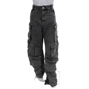 N. 1 LA Womens High Rise Wide Leg Barrel Cargo Jeans Gray Size L